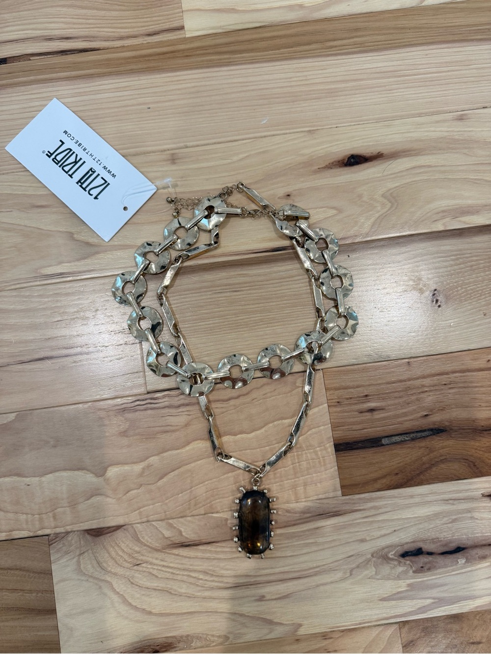 12th Tribe Gold-Tone Chunky Chain Necklace with Brown Stone Pendant - Picture 2 of 3